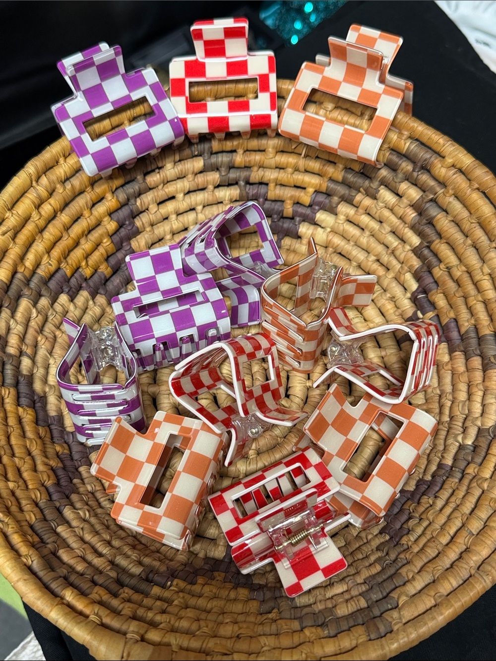 Checkerboard Mini Hair Claw Clips - Purple, Red, Orange - Unbranded